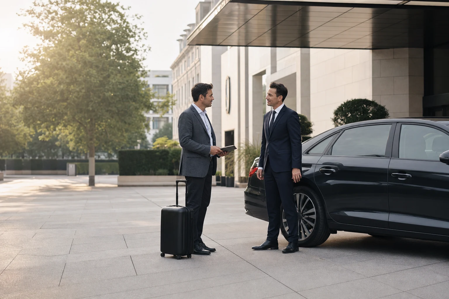 Samuelz Executive Day Munich: Chauffeur and guest confirm the Munich day plan beside the waiting vehicle.