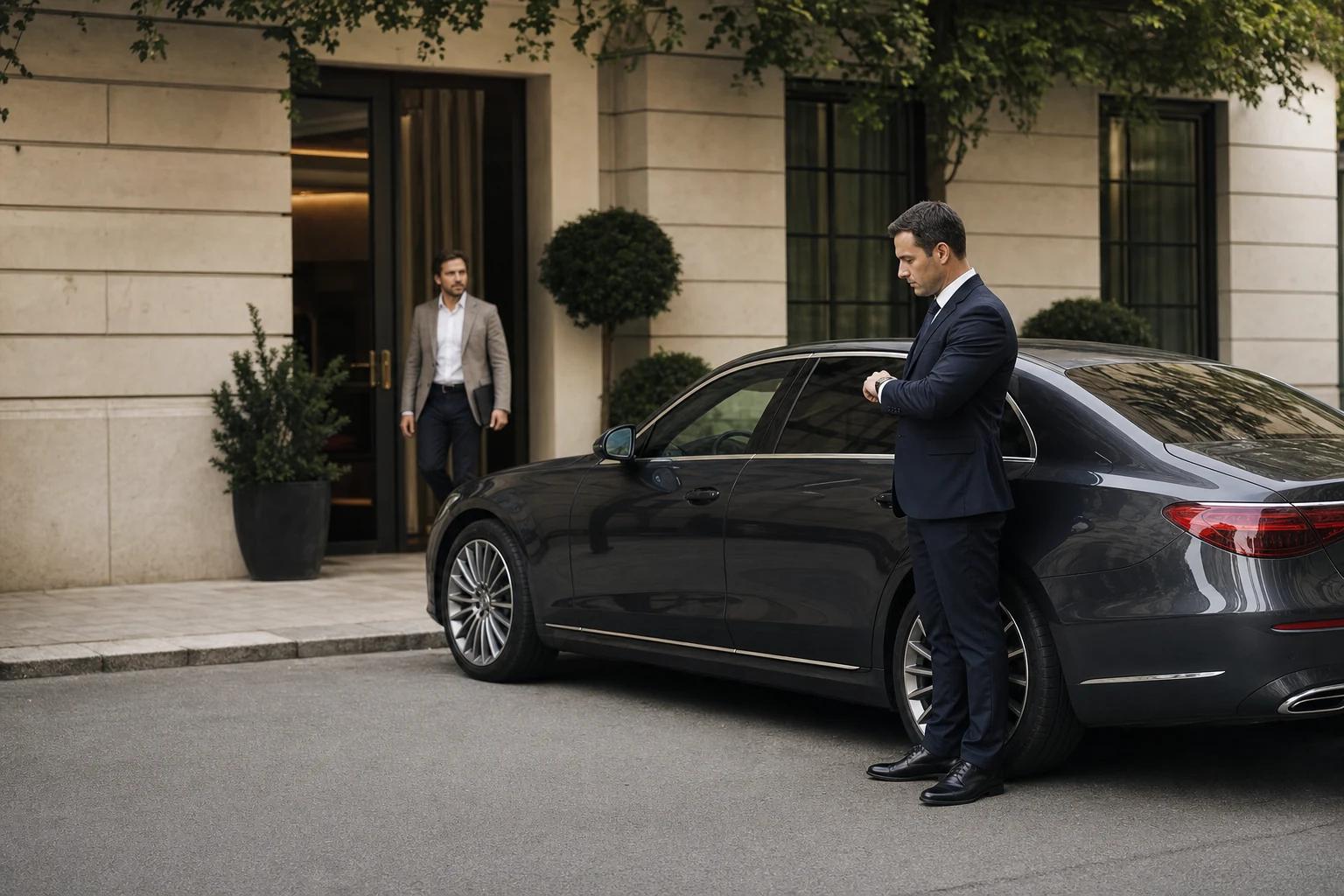 Hourly Chauffeur Munich: Chauffeur waits outside a Munich address for the guest and the next leg.