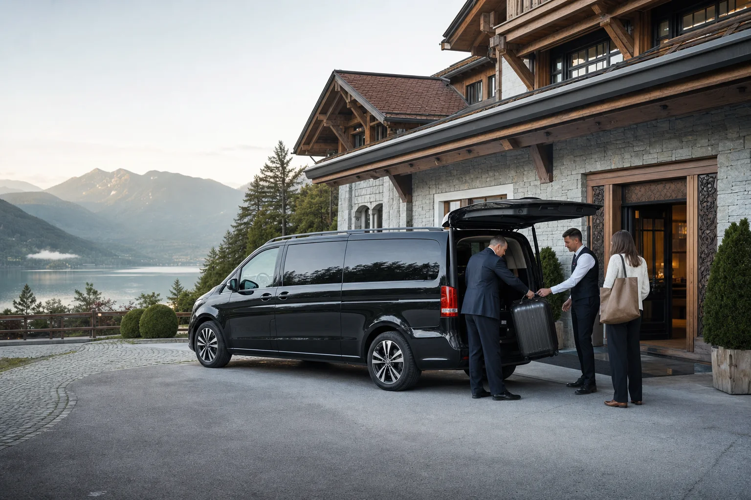 Munich Destination Hotel Transfer: Chauffeur handling luggage on arrival at an Alpine destination hotel.