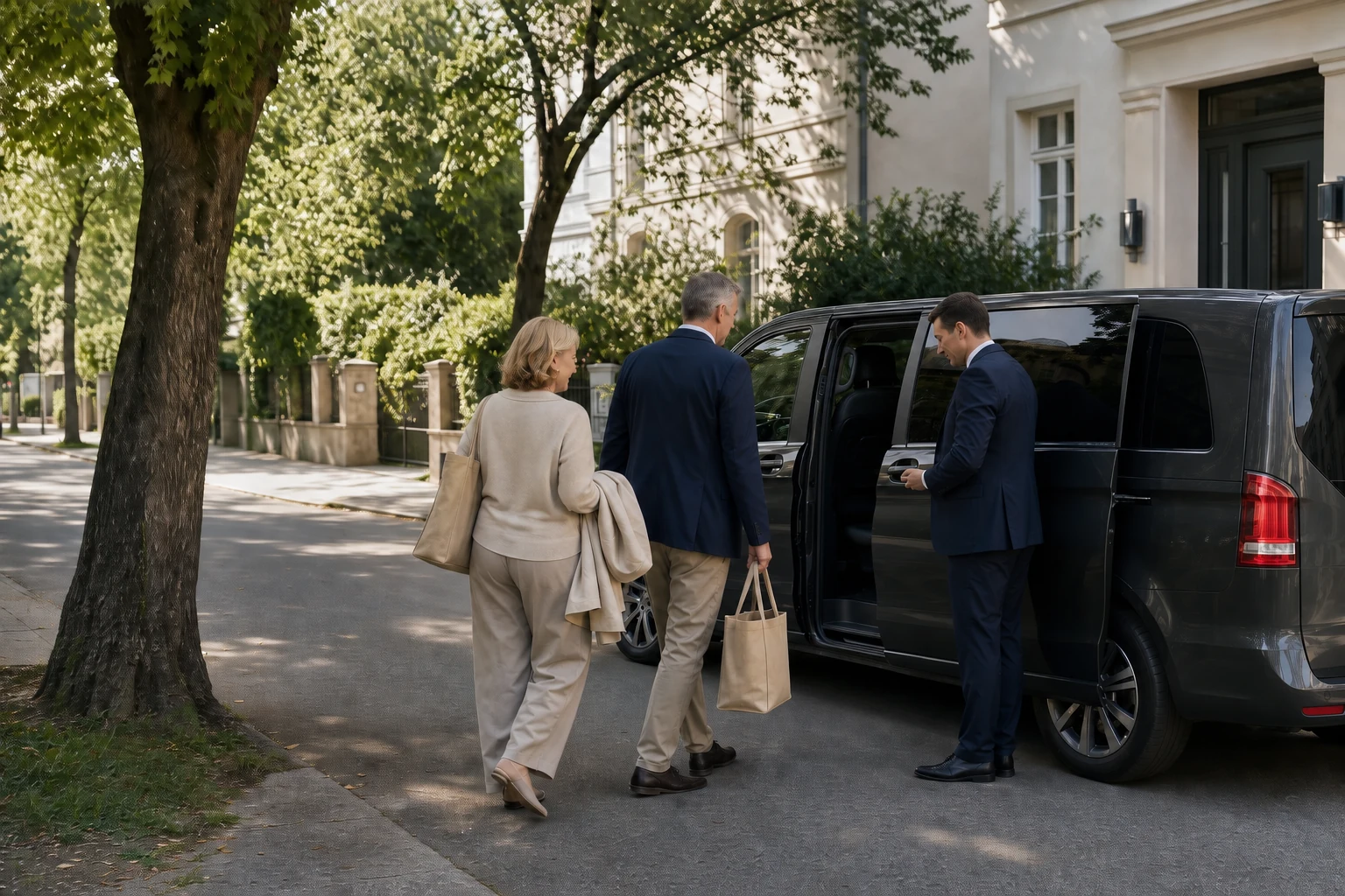 Personal Driver for a Day Munich: Private chauffeur opens the van for a couple before the next stop of their Munich day.