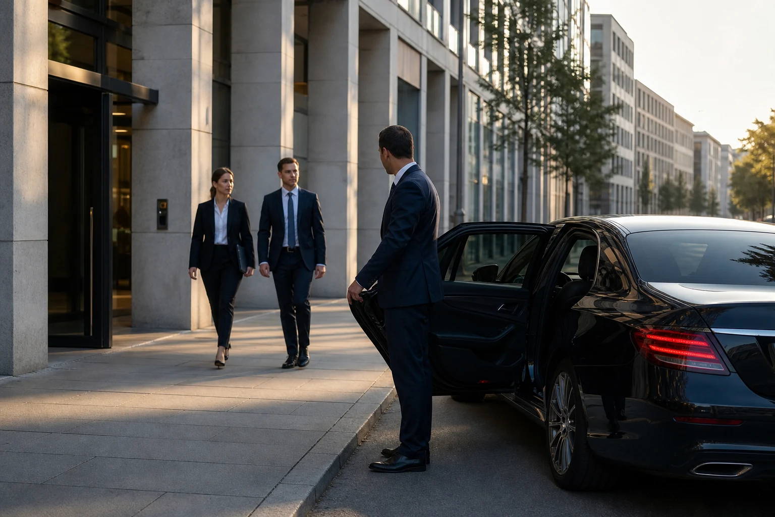 Roadshow Chauffeur Munich: Two guests walk to the waiting chauffeur vehicle between roadshow meetings.