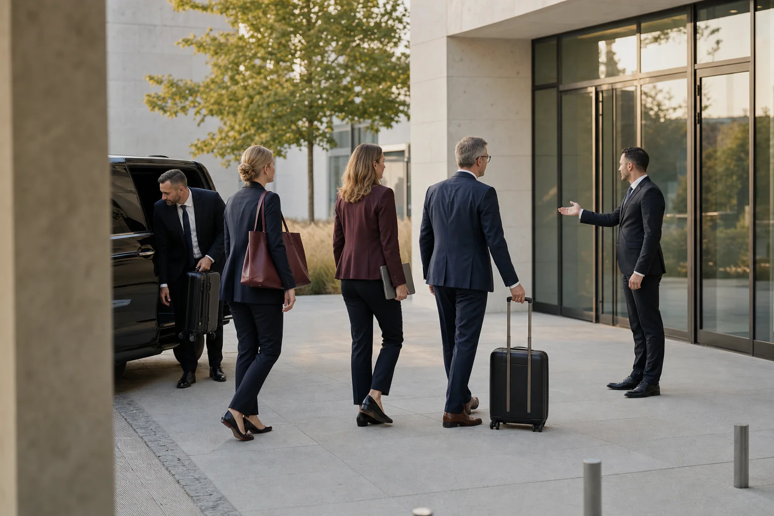 expopharm Munich Chauffeur: Illustrative arrival of a healthcare delegation at a Munich trade-fair venue.