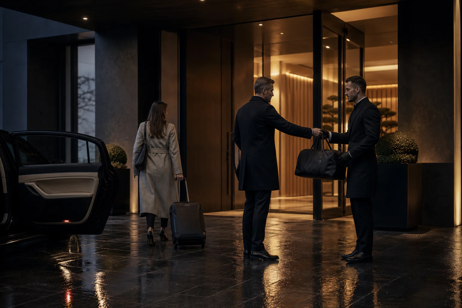 Independent Hotel Show Munich Chauffeur: Illustrative hospitality arrival at a Munich event venue.