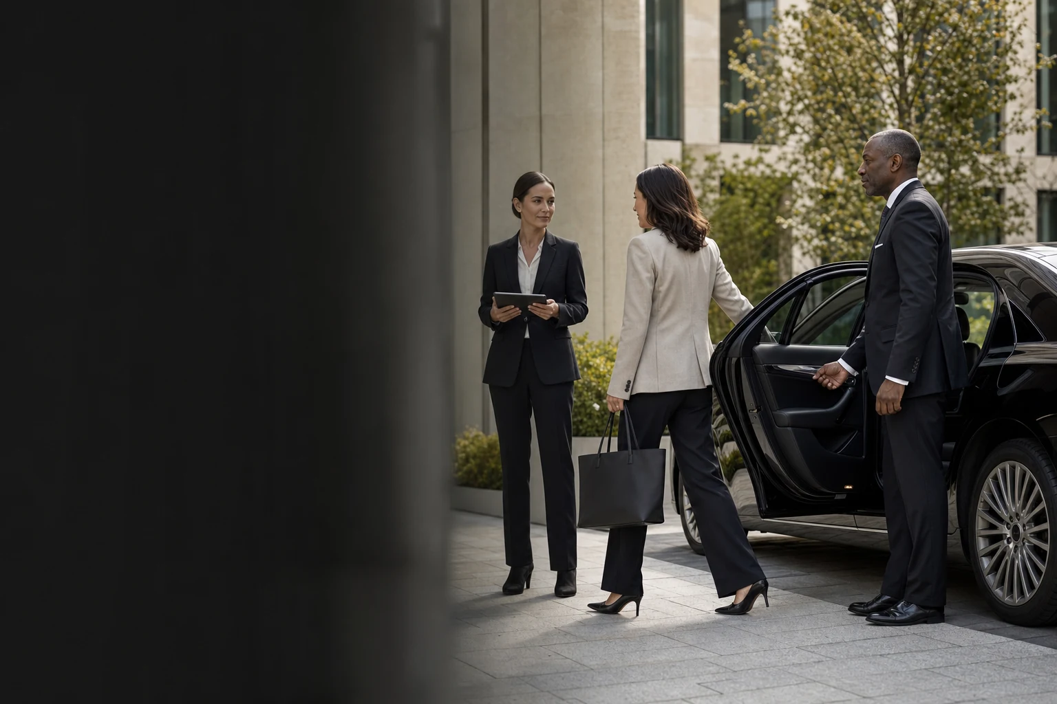 Business Chauffeur Munich: Business chauffeur at a discreet corporate arrival in Munich.