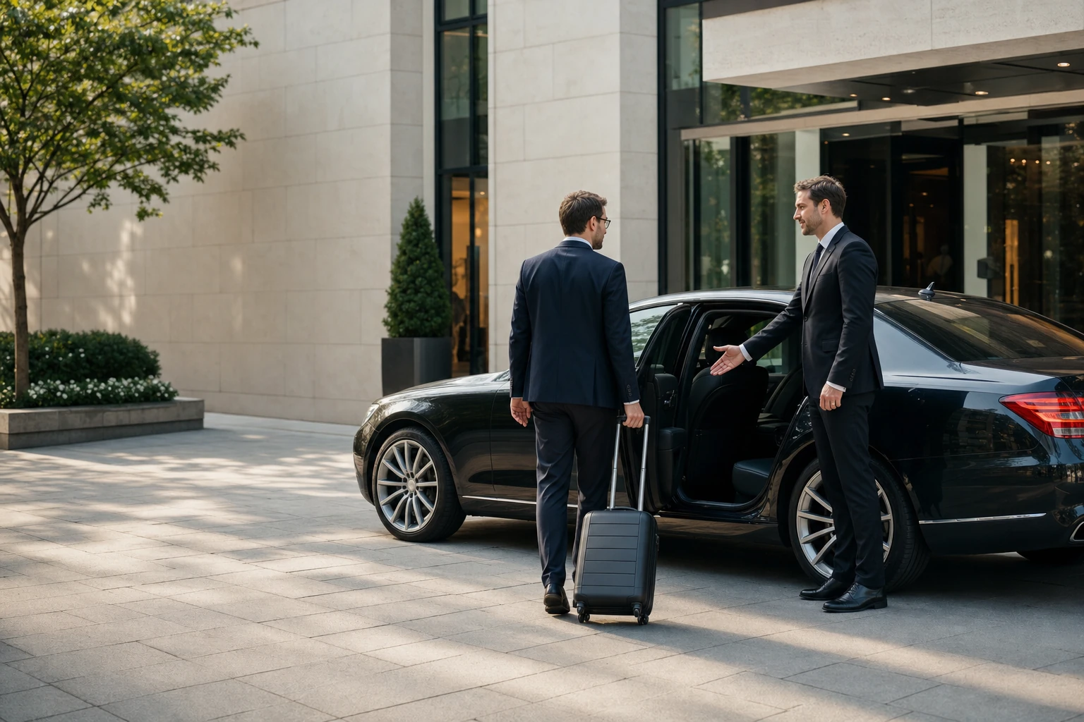 Chauffeur Service Munich vehicle outside a Munich hotel.