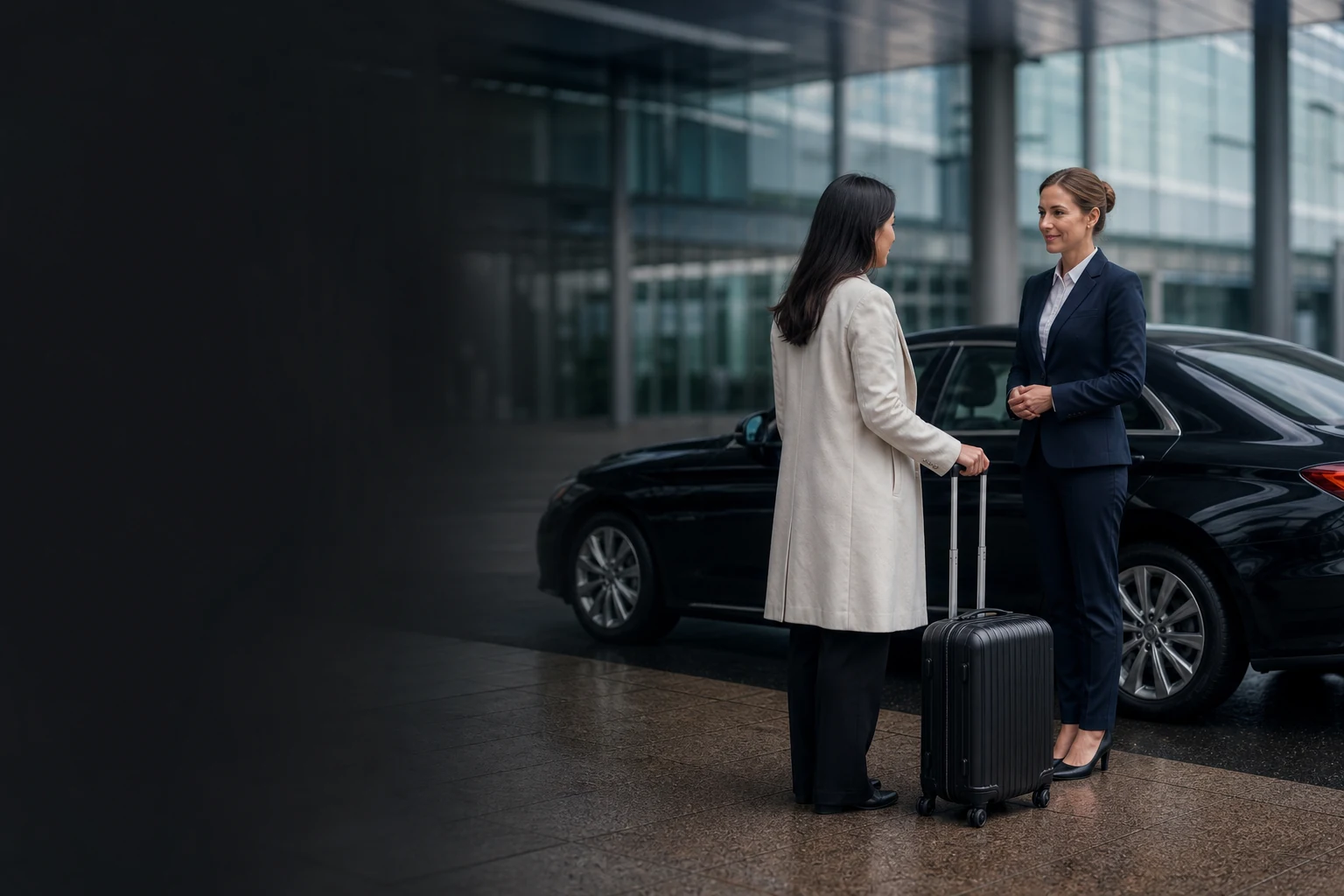 Munich Airport Transfer: Chauffeur and guest with luggage at a calm MUC meeting point.