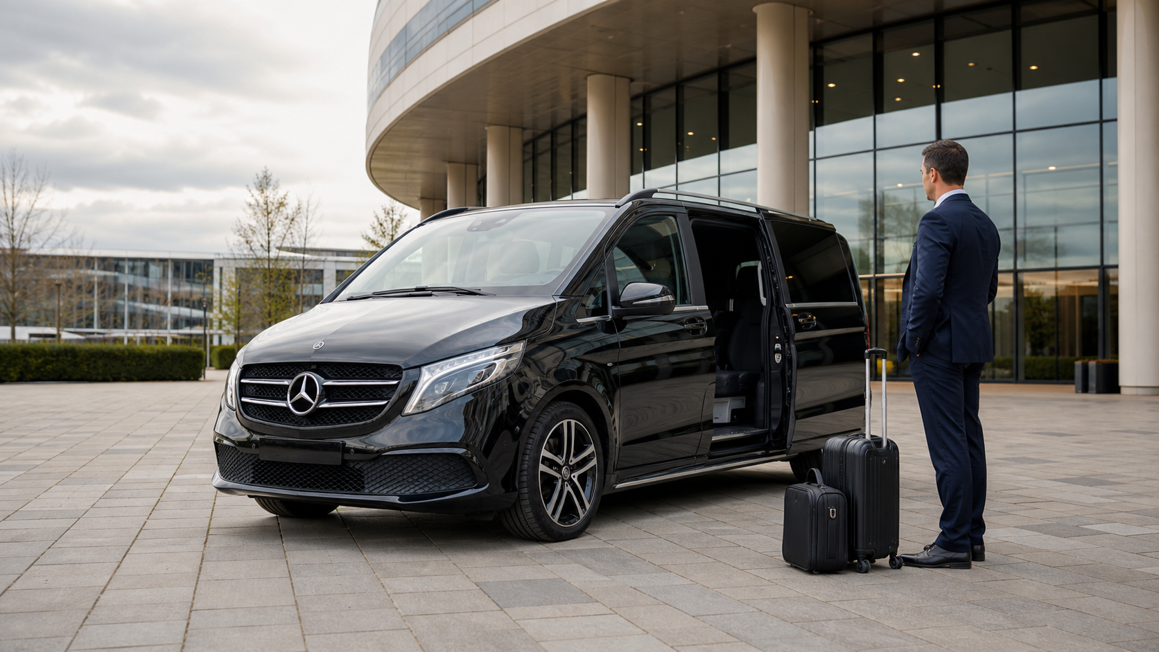 Illustrativer schwarzer Premium-Van mit Chauffeur und Businessgepäck.