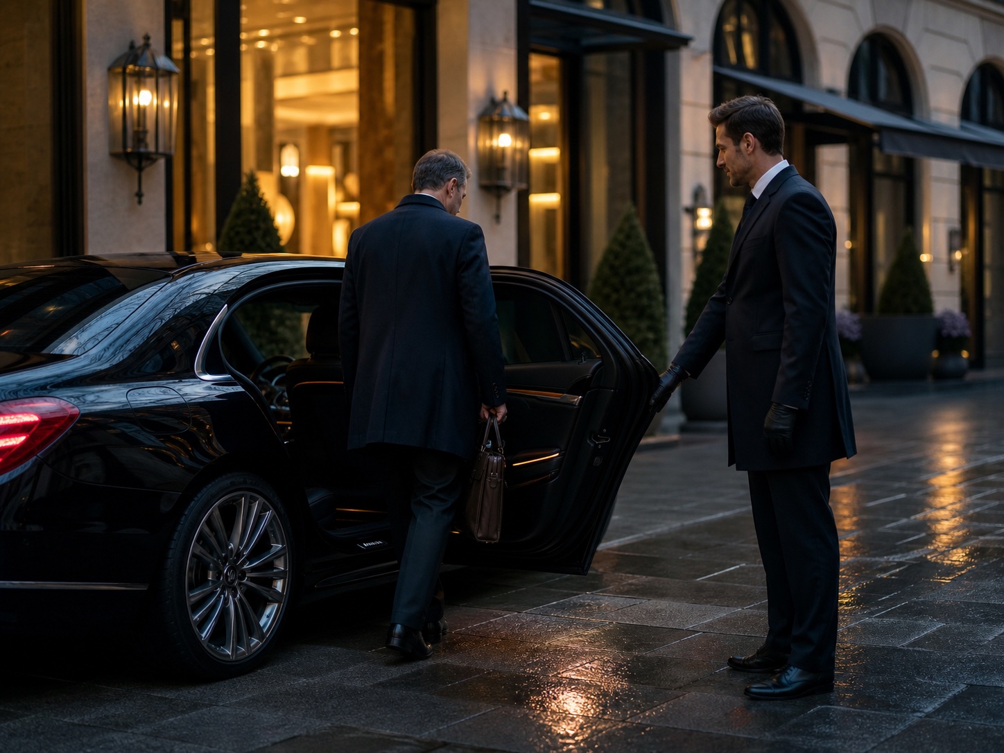 Illustrative Chauffeur-Szene vor einem Münchner Hotel.