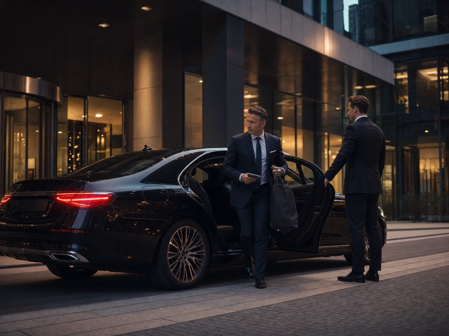 Munich Trade Fair Chauffeur: Executive guest arriving at a business address.