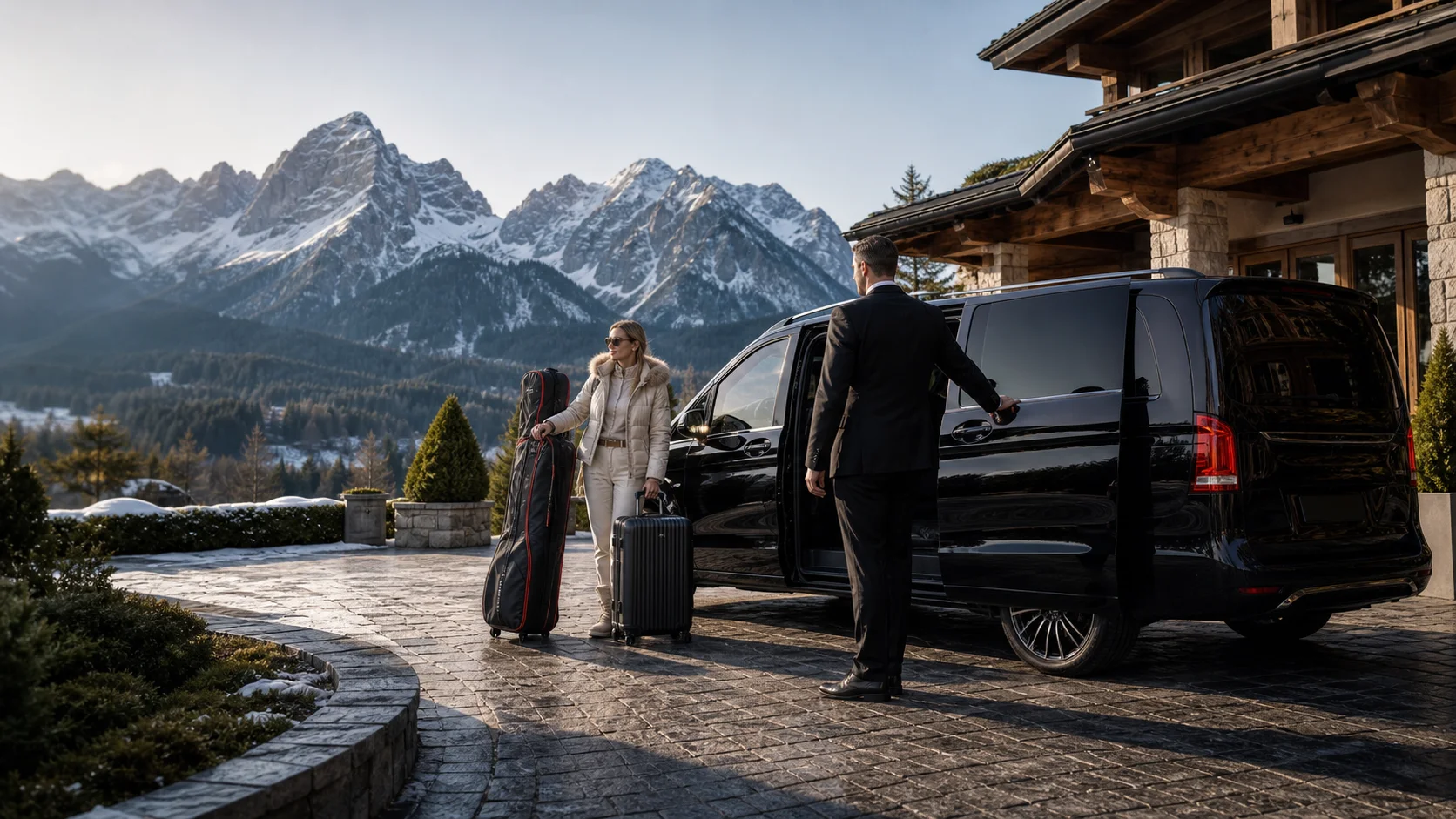 Munich Airport To Garmisch Transfer: Chauffeur, van, ski luggage and guest at a Garmisch hotel driveway in the Zugspitze region.