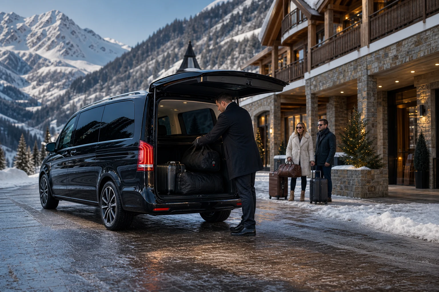 Munich Airport to Ischgl Transfer: Chauffeur, van, guest and ski luggage at an Ischgl hotel driveway in the Paznaun valley.