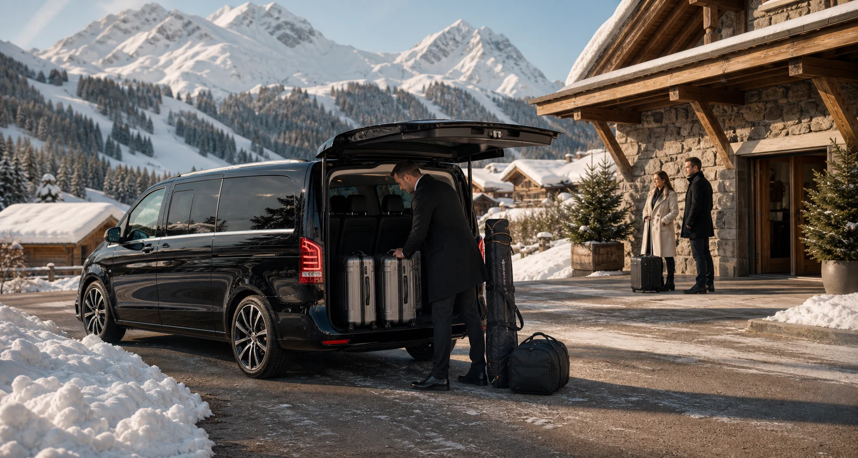 Munich Airport to Lech Zurs Transfer: Chauffeur, van, guest and ski luggage at a Lech Zurs chalet driveway in the Arlberg.