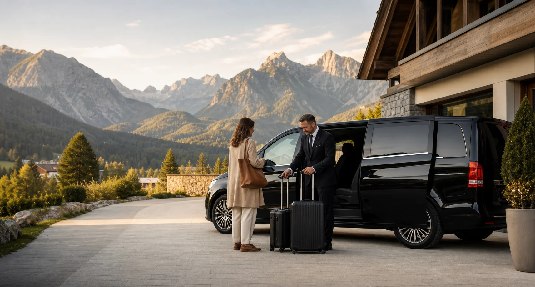Munich Airport to Schloss Elmau Transfer: Chauffeur, van and luggage at the Schloss Elmau resort driveway.