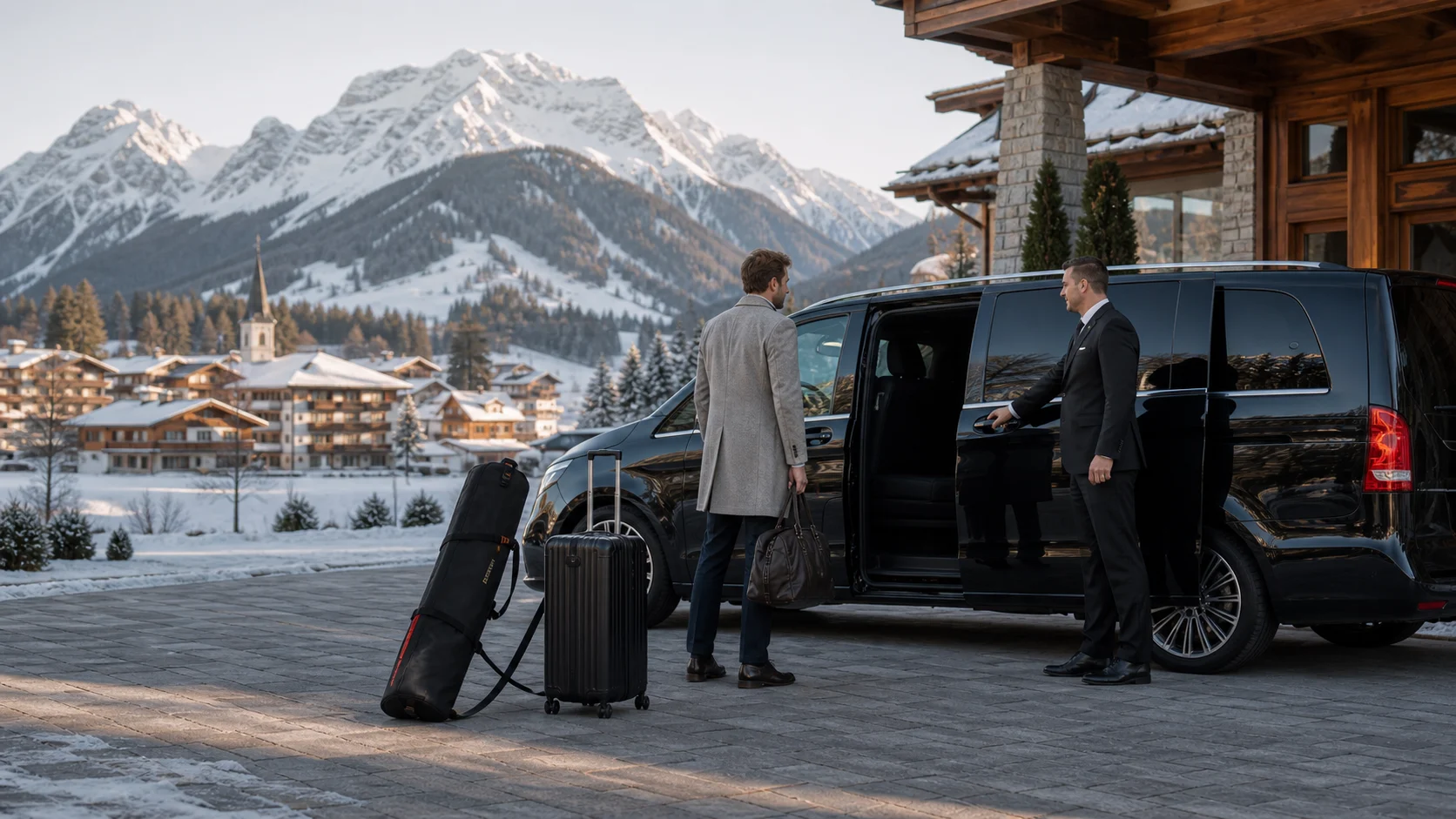 Munich Airport To Seefeld Transfer: Chauffeur, van, ski luggage and guest at a Seefeld hotel driveway on the alpine plateau.