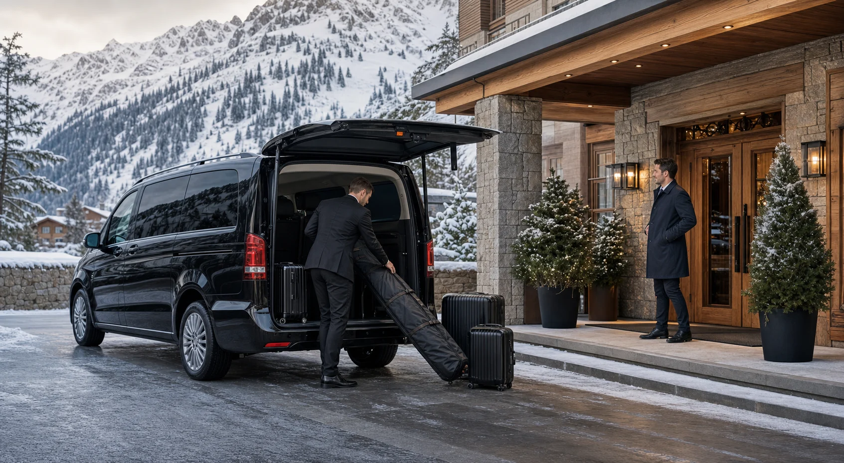 Munich Airport to St Anton Transfer: Chauffeur, van, guest and ski luggage at a St Anton hotel driveway in the Arlberg.