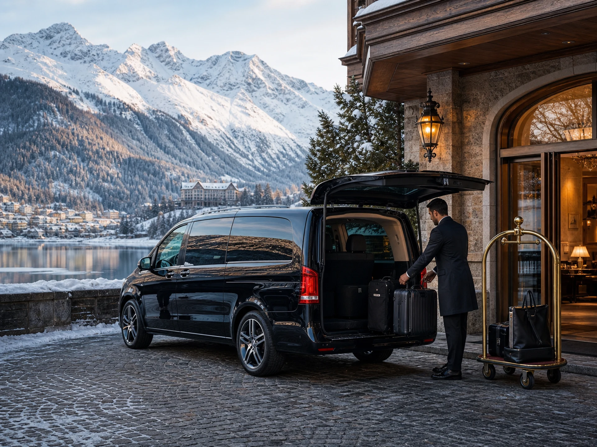 Munich Airport to St Moritz Transfer: Chauffeur, van, guest and luggage at a St Moritz hotel driveway in the Engadin.