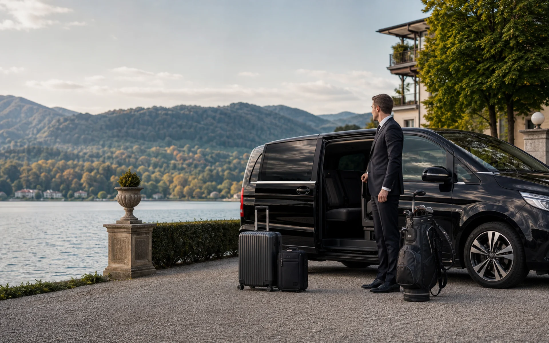 Munich Airport To Tegernsee Transfer: Chauffeur for Munich Airport To Tegernsee Transfer with van, golf bag and luggage at a Tegernsee driveway.