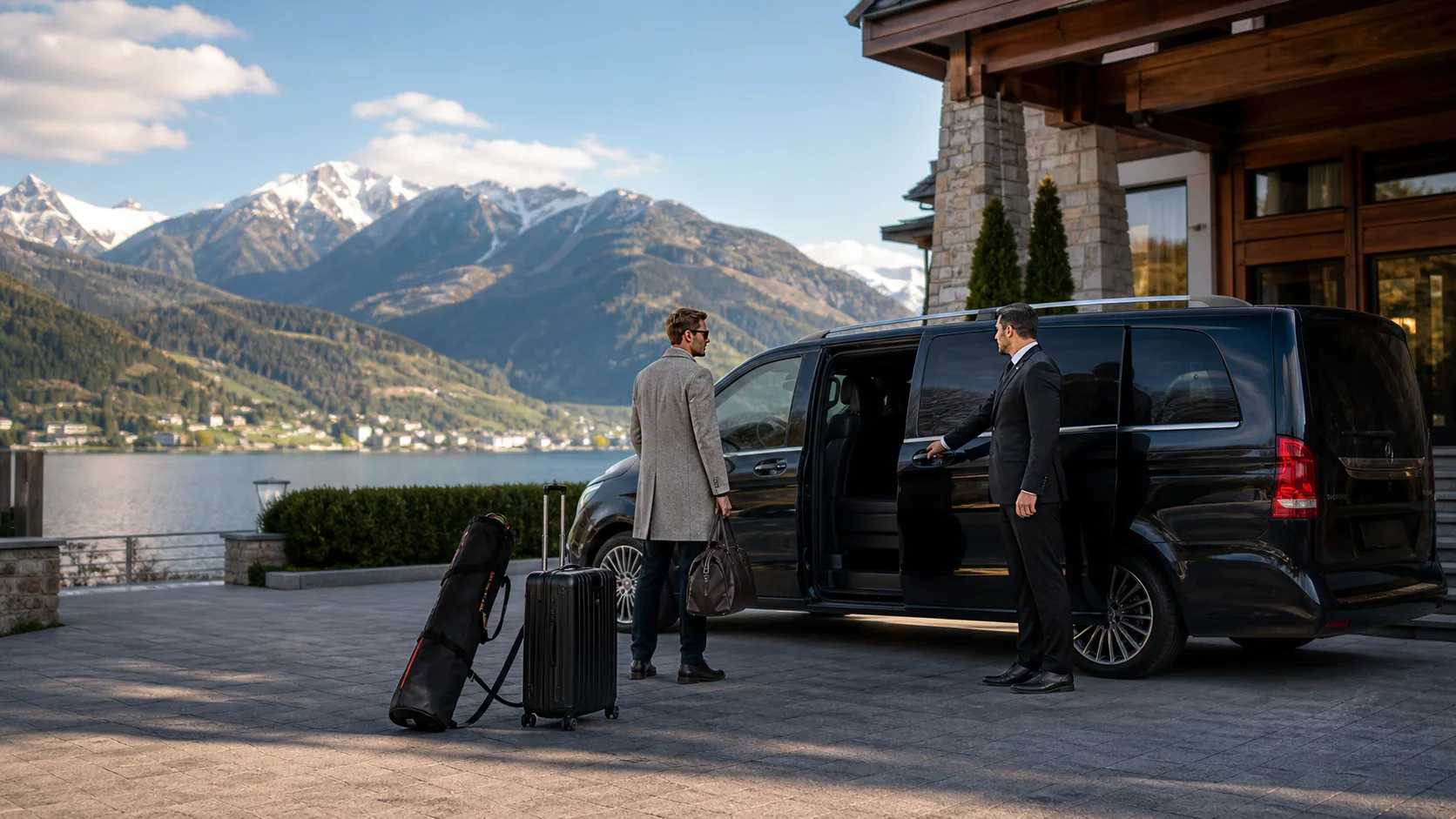 Munich Airport To Zell Am See Transfer: Chauffeur, van, ski luggage and guest at a Zell am See lakeside hotel driveway.