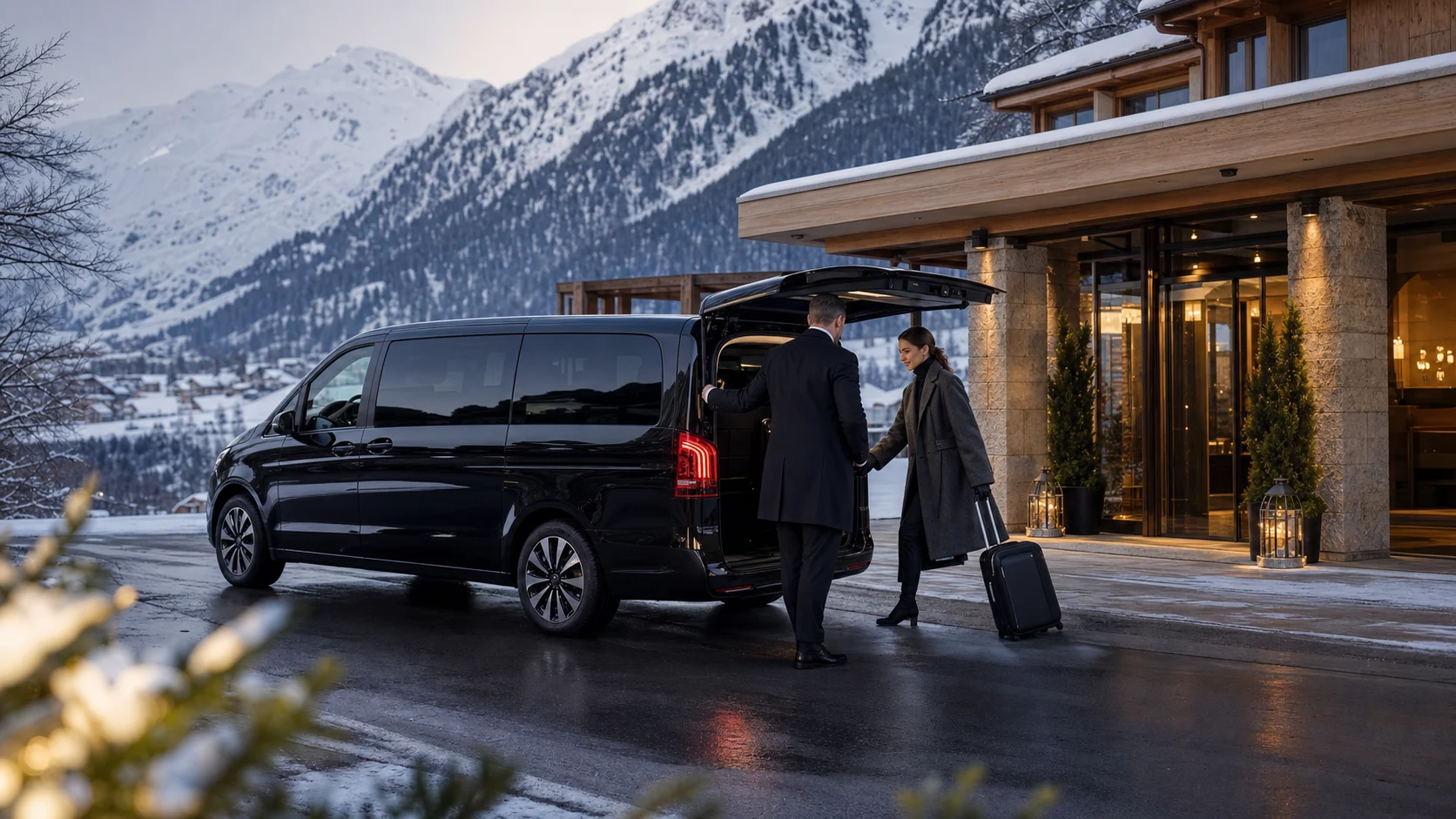 Munich to Davos Chauffeur: Chauffeur, van, guest and luggage at a Davos hotel driveway.