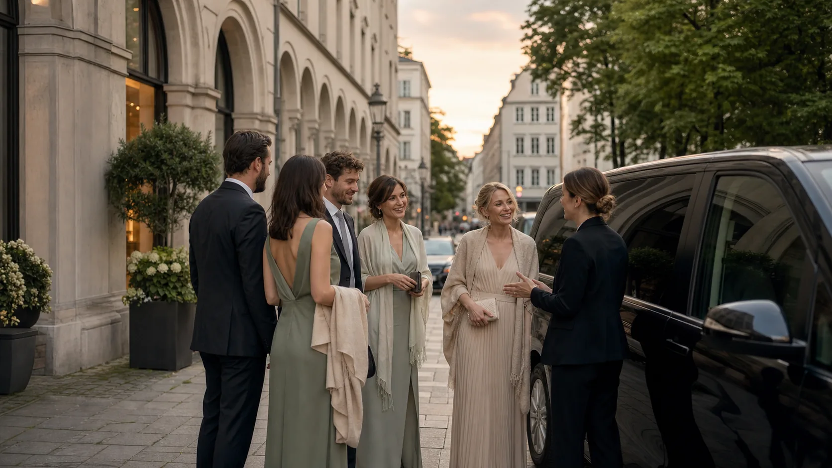 Wedding Shuttle Munich: Illustrative arrival of a guest group with chauffeur vehicle